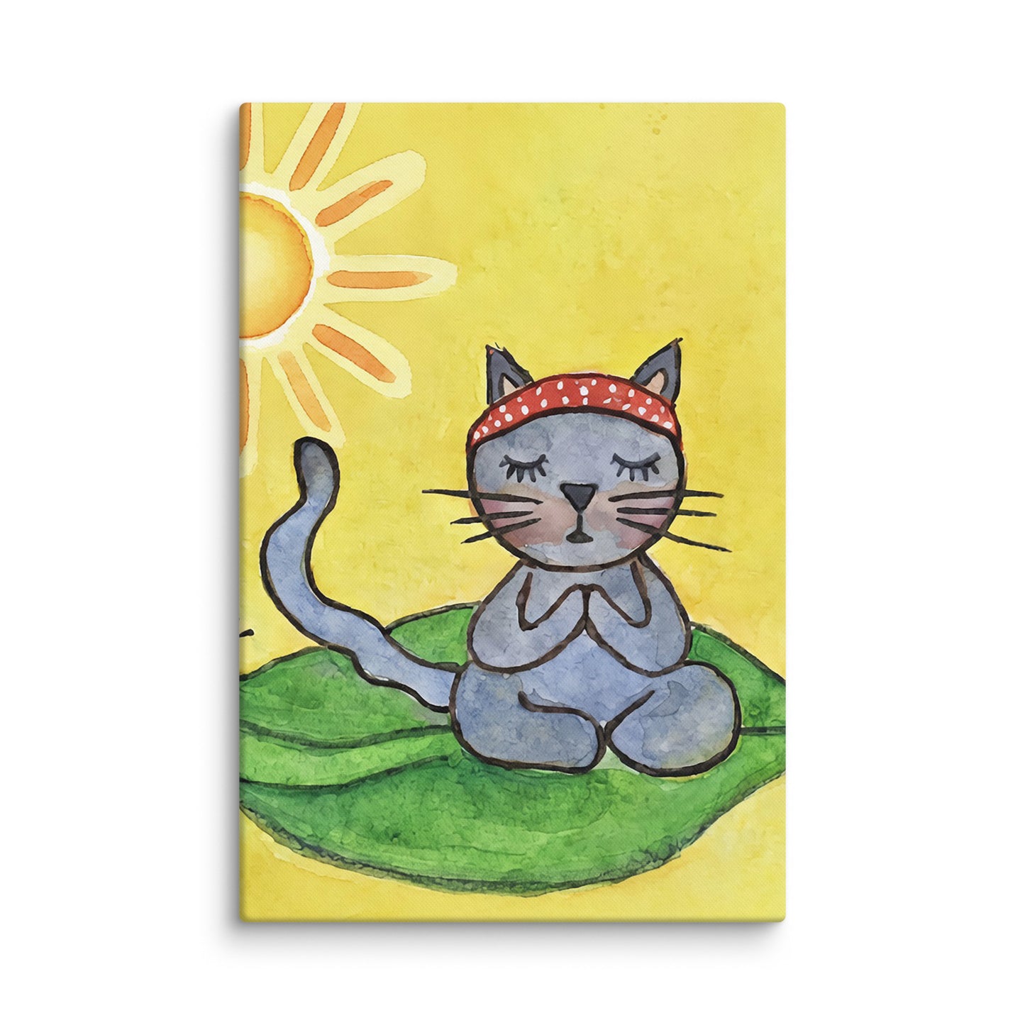 Canvas with a cartoon cat meditating under a sun on a yellow background