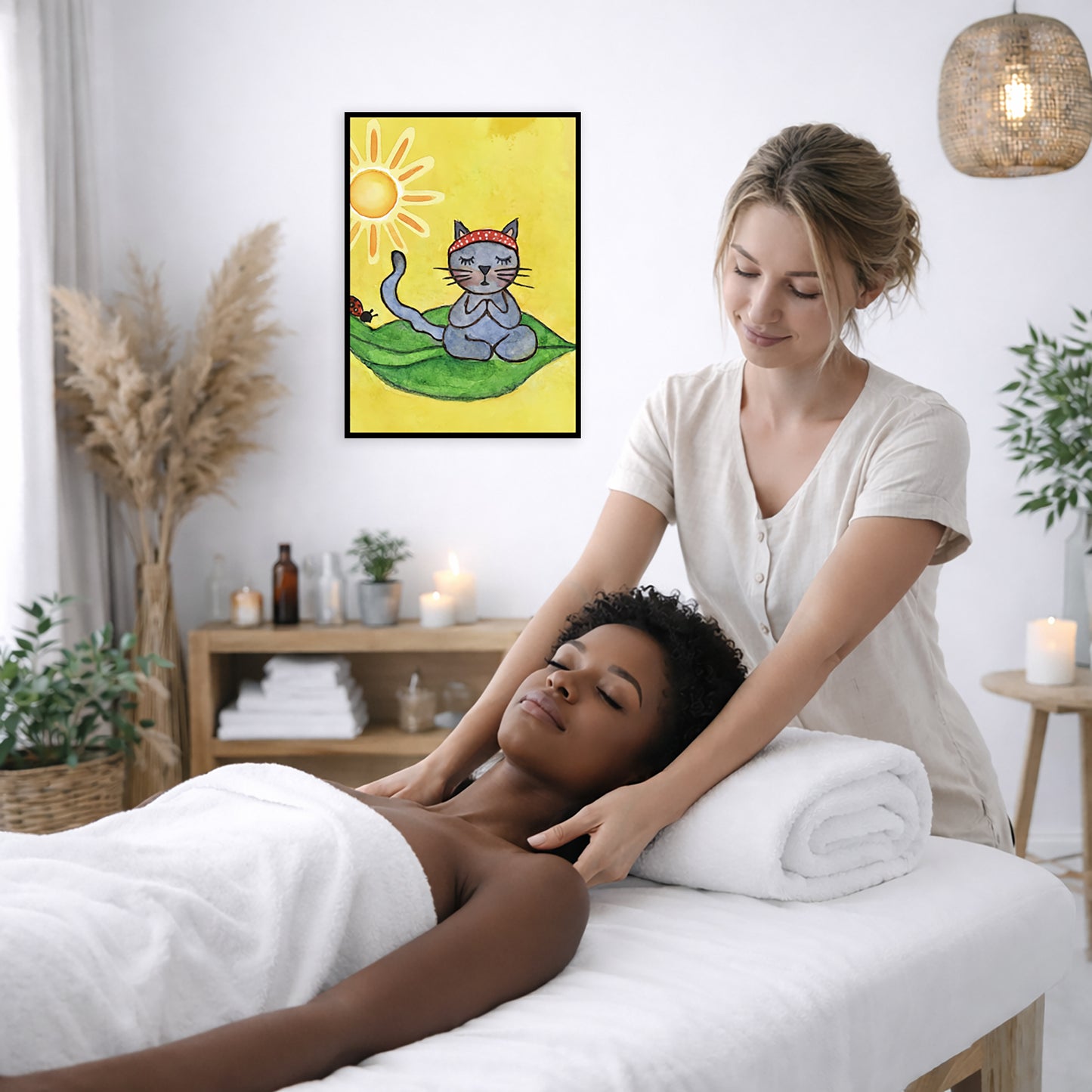 Gray cat meditating on a leaf under a sunny sky framed poster. This is a print of the original hand-painted watercolor by Brazilian artist Thaís Suizo.  The poster is in the center of the living room wall. To the left a woman is relaxing in her chair with her hands behind her head. There is a small coffee table beside her with a bowl of walnuts, incense and a small green plant. On the right side of the room is a cabinet with a Buddha statue, books and an urn on it. To the left is a green floor plant.