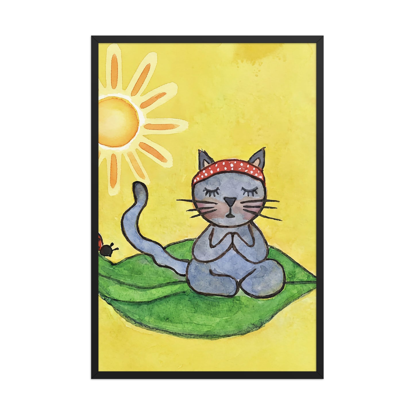 Gray cat meditating on a leaf under a sunny sky framed poster. This is a print of the original hand-painted watercolor by Brazilian artist Thaís Suizo.