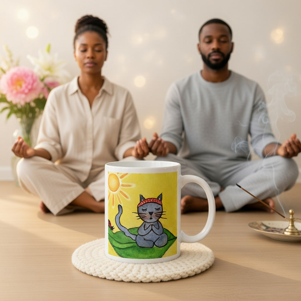 Gray cat meditating peacefully on a leaf in the bright sunlight meditation mug.  A large mug is at the bottom front displaying the design. There is a couple meditating in the background.