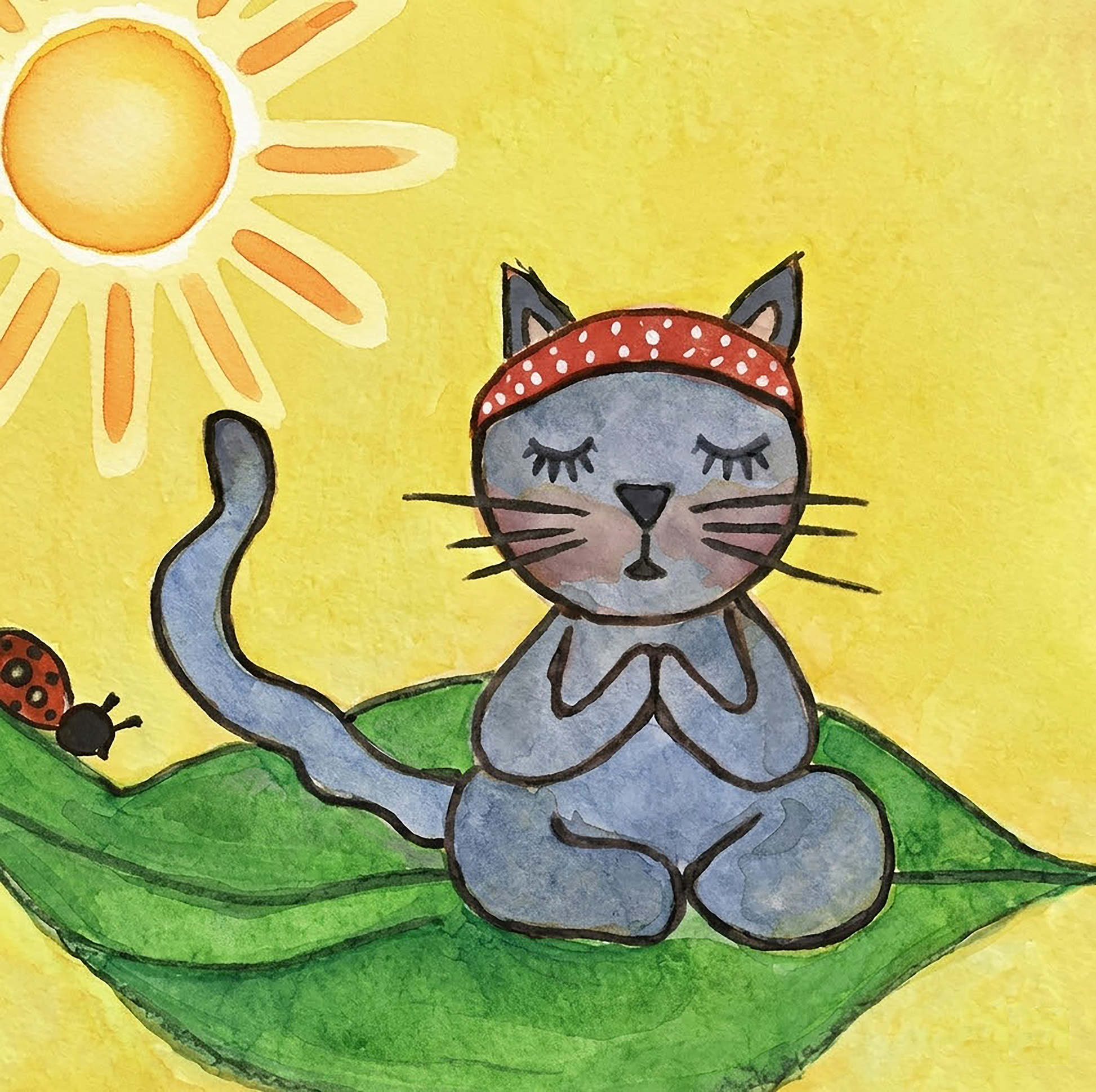 Thumbnail of a gray cat meditating on a leaf in sunlight, peaceful nature-inspired mindfulness artwork. This is a print of the original watercolor created by Brazilian artist Thaís Suizo for the LET'S MEDITATE series of meditation guides. 