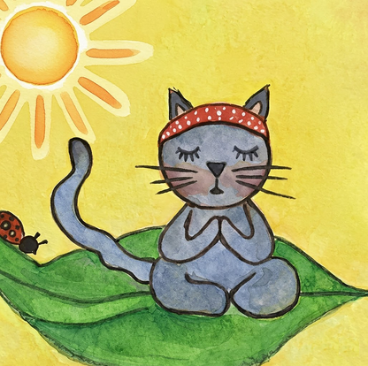 Thumbnail of a gray cat meditating on a leaf in sunlight, peaceful nature-inspired mindfulness artwork. This is a print of the original watercolor created by Brazilian artist Thaís Suizo for the LET'S MEDITATE series of meditation guides. 