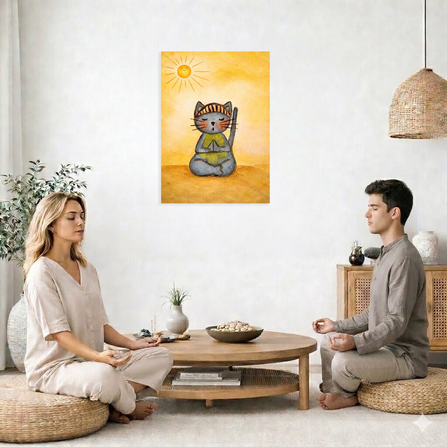 Two people meditating in a modern living room with a painting of a cat on the wall.