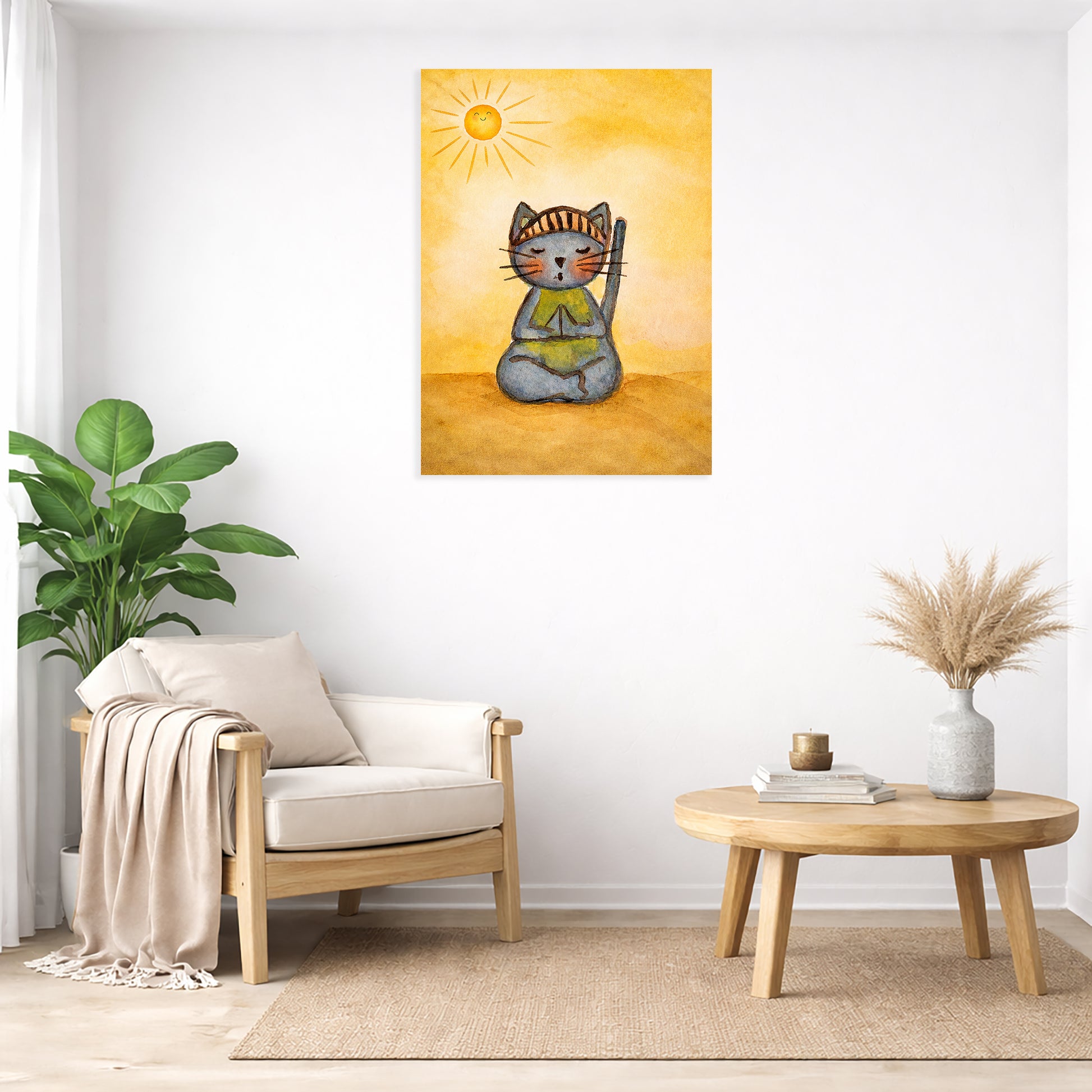Living room with a wooden armchair, coffee table, and wall art of a cat playing a flute.