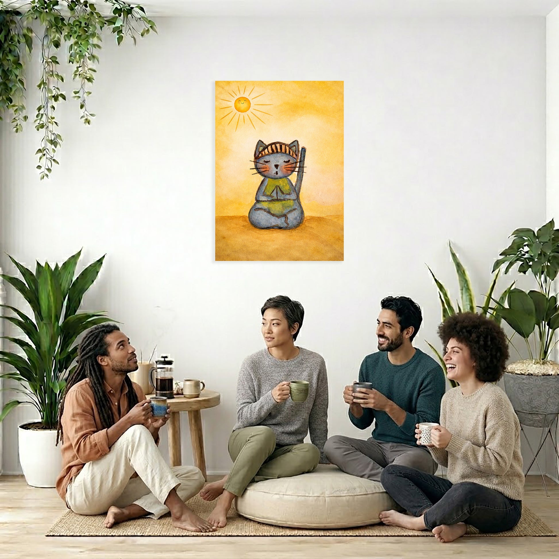 Four people sitting on the floor in a living room with a painting of a cat on the wall.