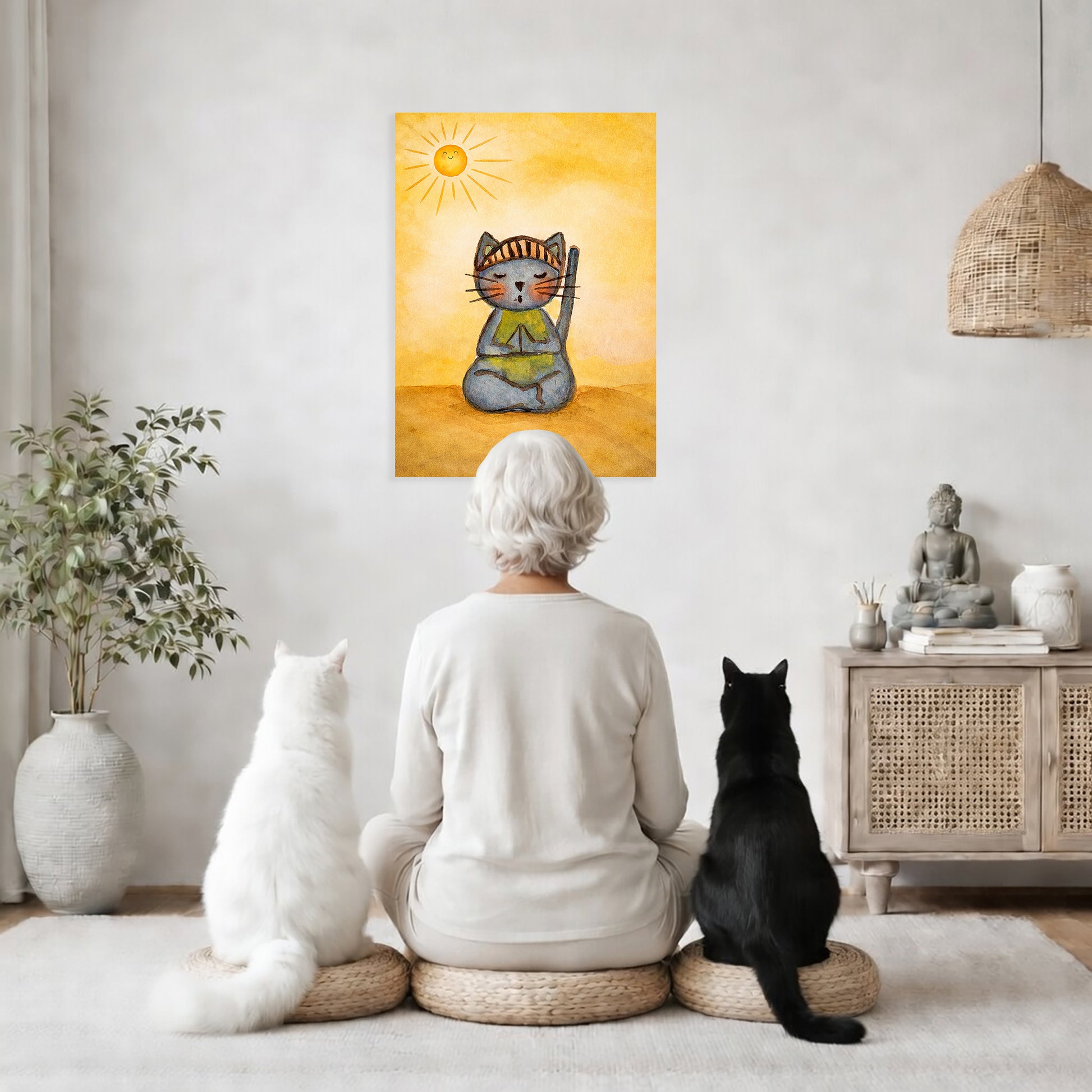 Person sitting on the floor with two cats, looking at a wall art of a cat playing a drum.