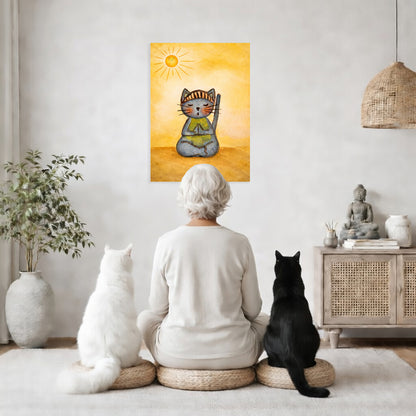 Person sitting on the floor with two cats, looking at a wall art of a cat playing a drum.