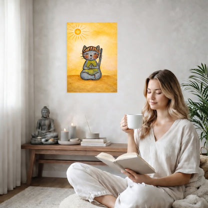 Woman reading a book and holding a mug in a cozy living room with a painting of a cat on the wall.