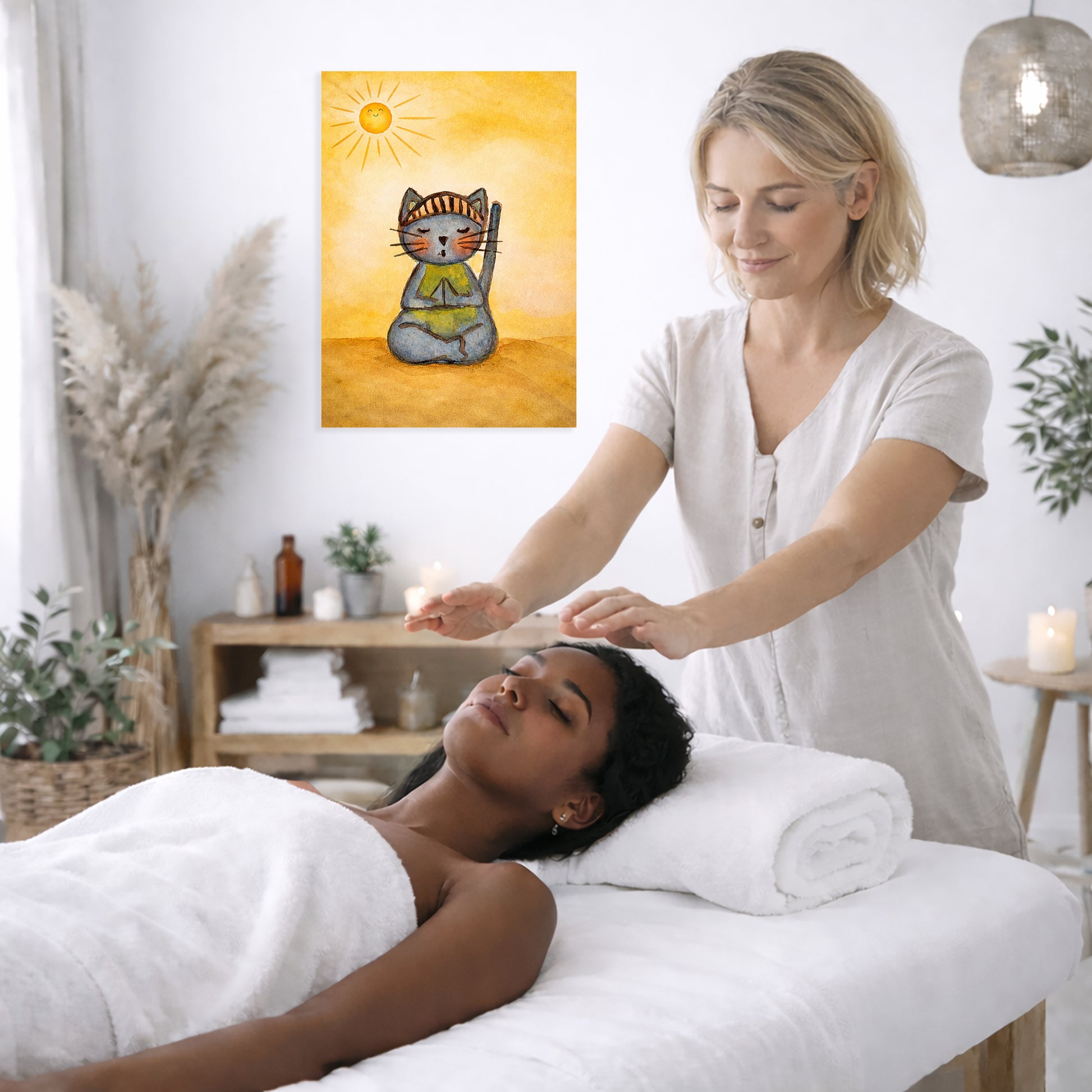 Woman receiving reiki in a spa setting with a painting of a cat on the wall.
