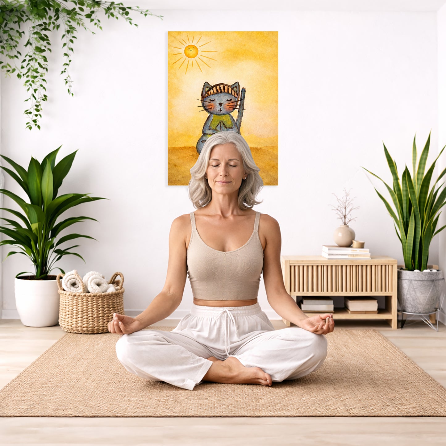 Woman meditating in a room with plants and a painting on the wall