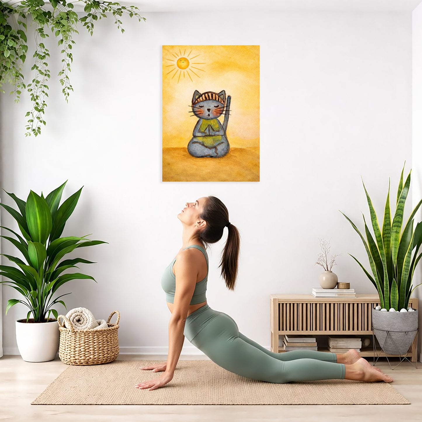 Woman practicing yoga in a room with plants and a painting of a cat on the wall.