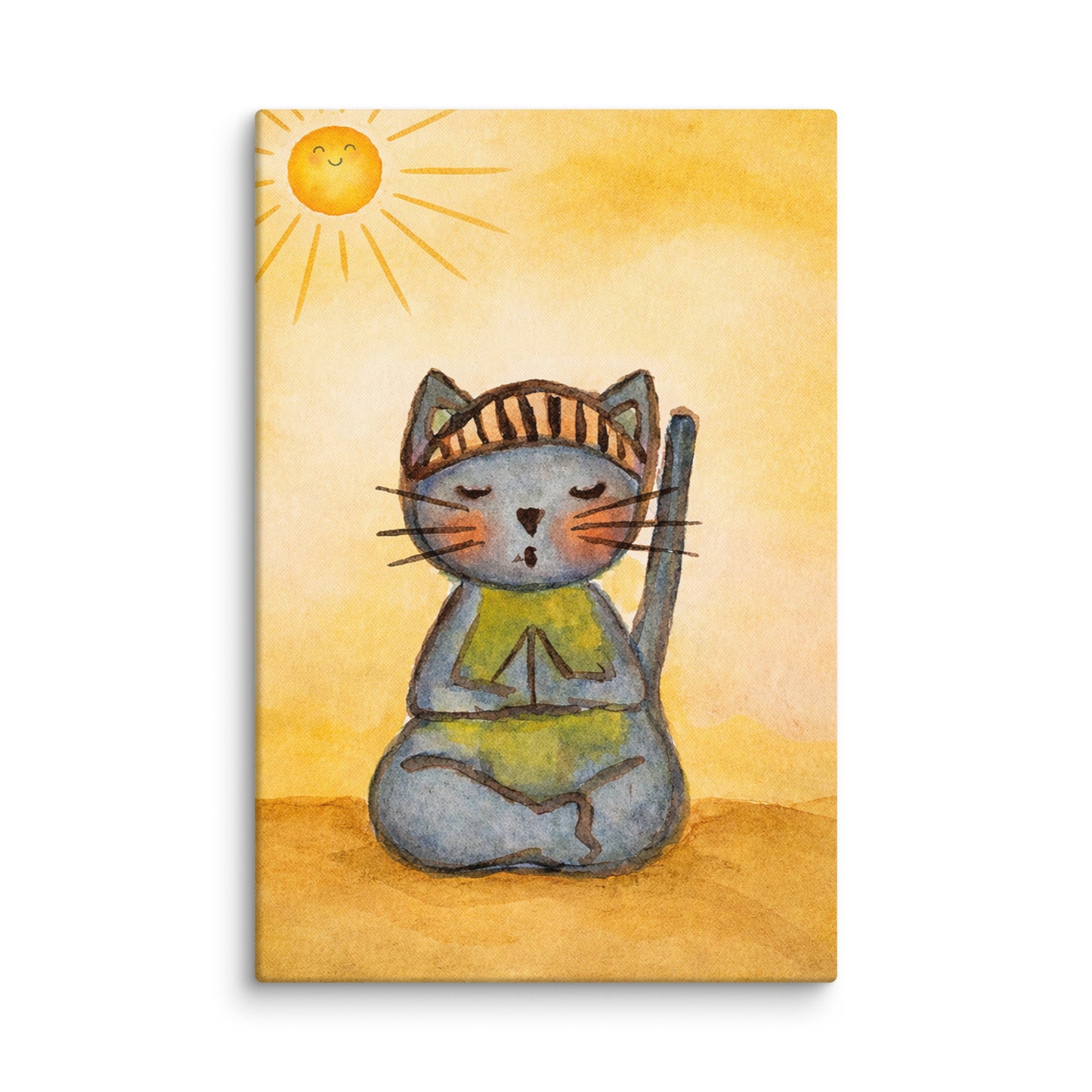 Canvas print with a cat in a yoga pose and sun on a yellow background