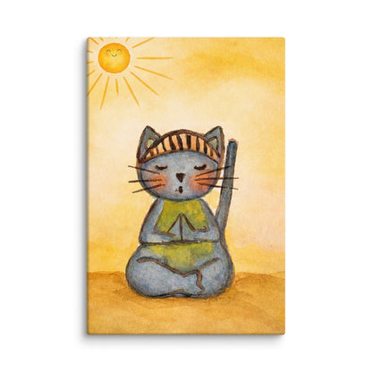 Canvas print with a cat in a yoga pose and sun on a yellow background