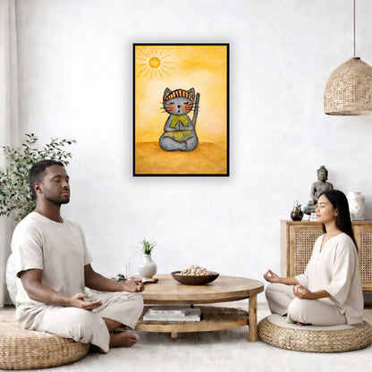 A gray cat meditating on a sunny day framed poster.  This is a print of the original hand-painted watercolor by Brazilian artist Thaís Suizo.  The poster is in the center of the living room wall. Two friends are sitting on wicker pillows meditating. Between them is a small round coffee table with incense, a green potted plant and a bowl of shells. There is a potted plant to the left and a Buddha statue and a vase to the right. 