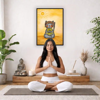 A gray cat meditating on a sunny day framed poster.  This is a print of the original hand-painted watercolor by Brazilian artist Thaís Suizo. The poster is in the center of the living room wall. There is a woman meditating facing away from the wall. Behind her is a coffee table with incense and a Buddha statue. There are potted plants on the right and left side of the background.
