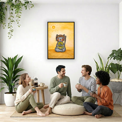 A gray cat meditating on a sunny day framed poster.  This is a print of the original hand-painted watercolor by Brazilian artist Thaís Suizo.  The poster is in the center of the living room wall. Four friends are sitting on the living room carpet below the poster. They are drinking coffee. To the left is a green floor plant and a hanging green plant. To the right of them is a green floor plant.
