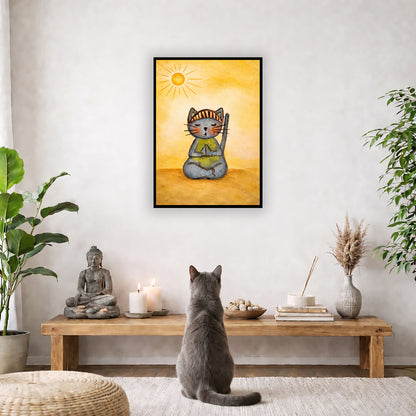 A gray cat meditating on a sunny day framed poster.  This is a print of the original hand-painted watercolor by Brazilian artist Thaís Suizo. The poster is in the center of the living room wall. A gray cat is facing the poster. In front of it is a coffee table with a Buddha statue and burning candle on the left and incense and an orange cat staring at the poster on the right. There is a green potted plant on both the left and right side of the coffee table.
