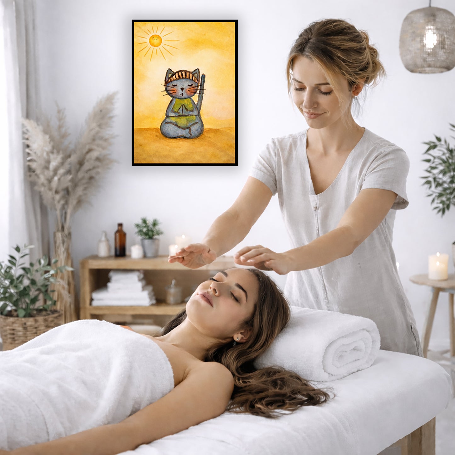 A gray cat meditating on a sunny day framed poster.  This is a print of the original hand-painted watercolor by Brazilian artist Thaís Suizo.   The poster is on the wall of the office of a reiki master. The master is giving her client a massage. The client is lying face up on a massage table wearing a white towel. To the left is a window, floor plant and vase of dry flora. There is a shelf underneath the poster with candles burning. On the right side there is a candle burning and a hanging lamp.