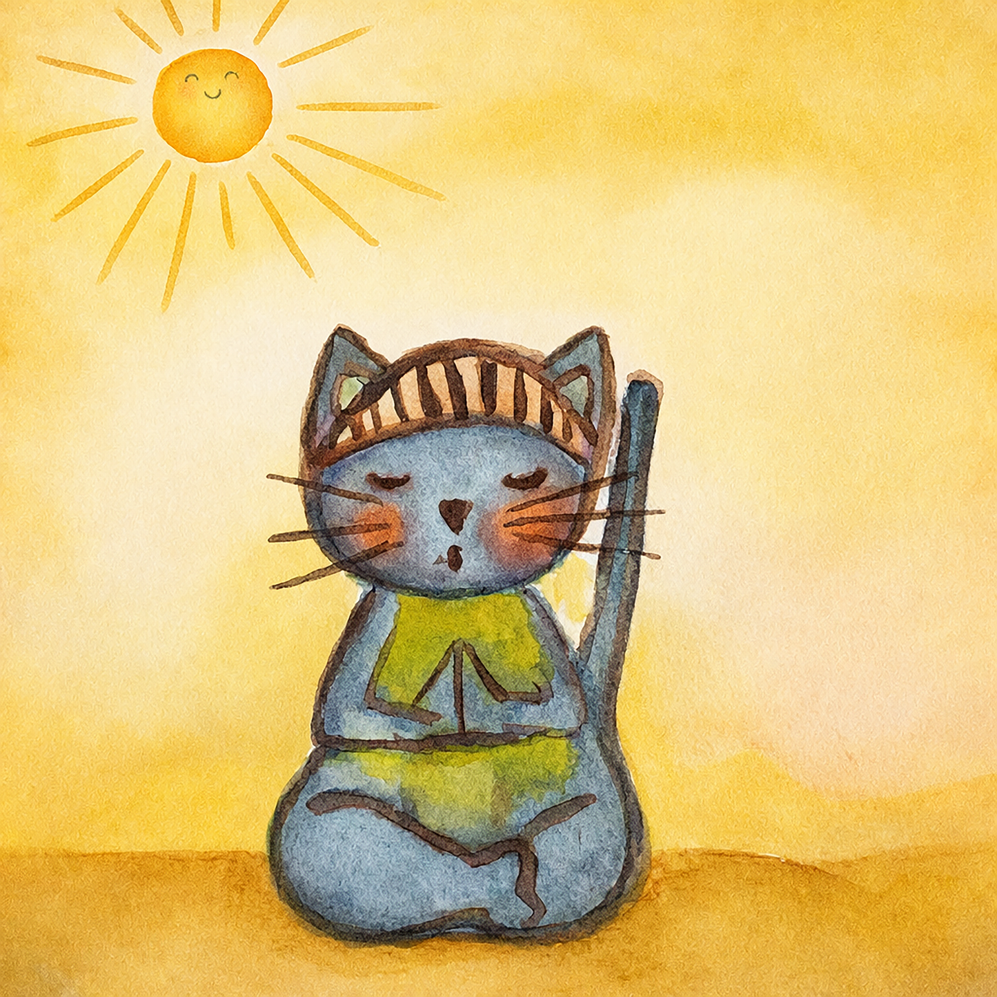 A gray cat meditating on a sunny day framed poster.  This is a thumbnail of the original hand-painted watercolor by Brazilian artist Thaís Suizo. 