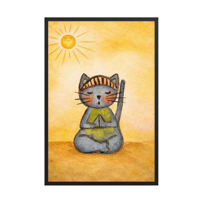 A gray cat meditating on a sunny day framed poster.  This is a print of the original hand-painted watercolor by Brazilian artist Thaís Suizo.