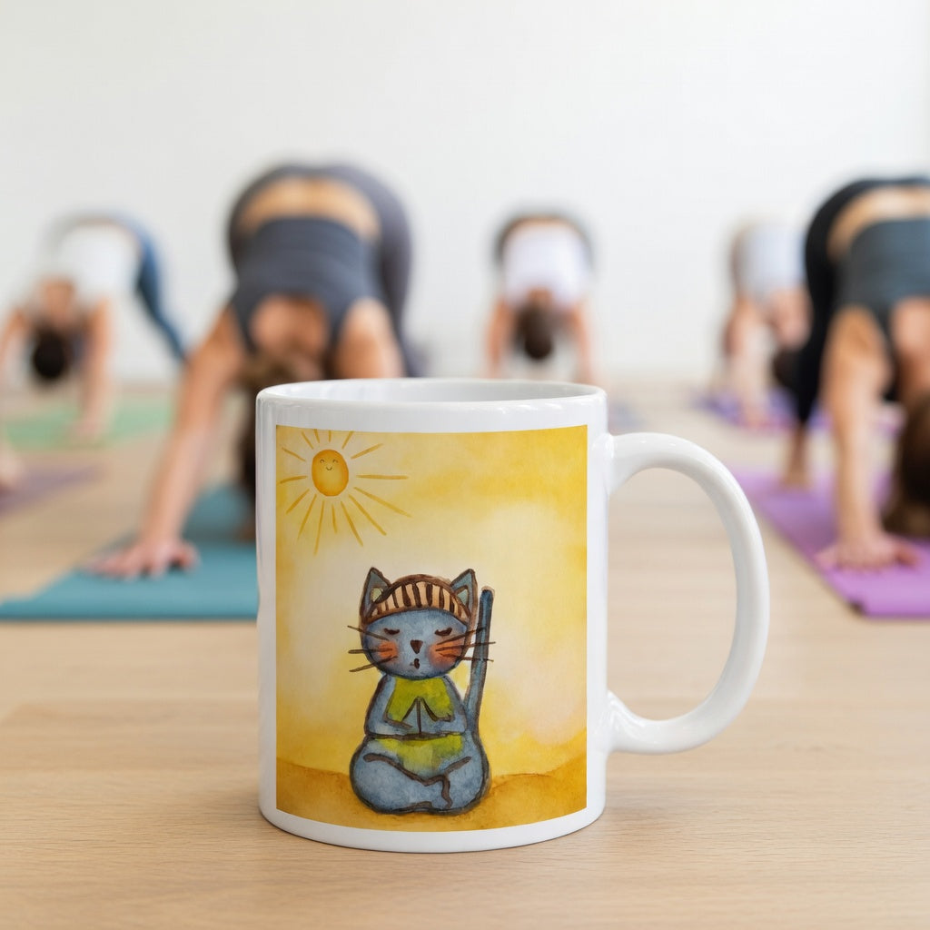 Gray cat meditating on a sunny day mindfulness mug.  Incense is burning beside the mug.  The mug is in front of a yoga class doing the downward facing dog posture.