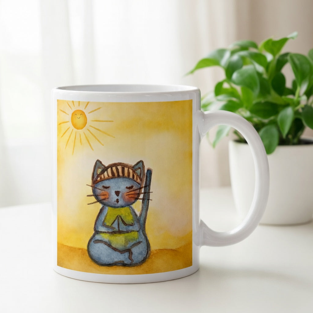 Gray cat meditating on a sunny day mindfulness mug.  Incense is burning beside the mug.  There is a window, curtains and a green potted plant behind the mug.