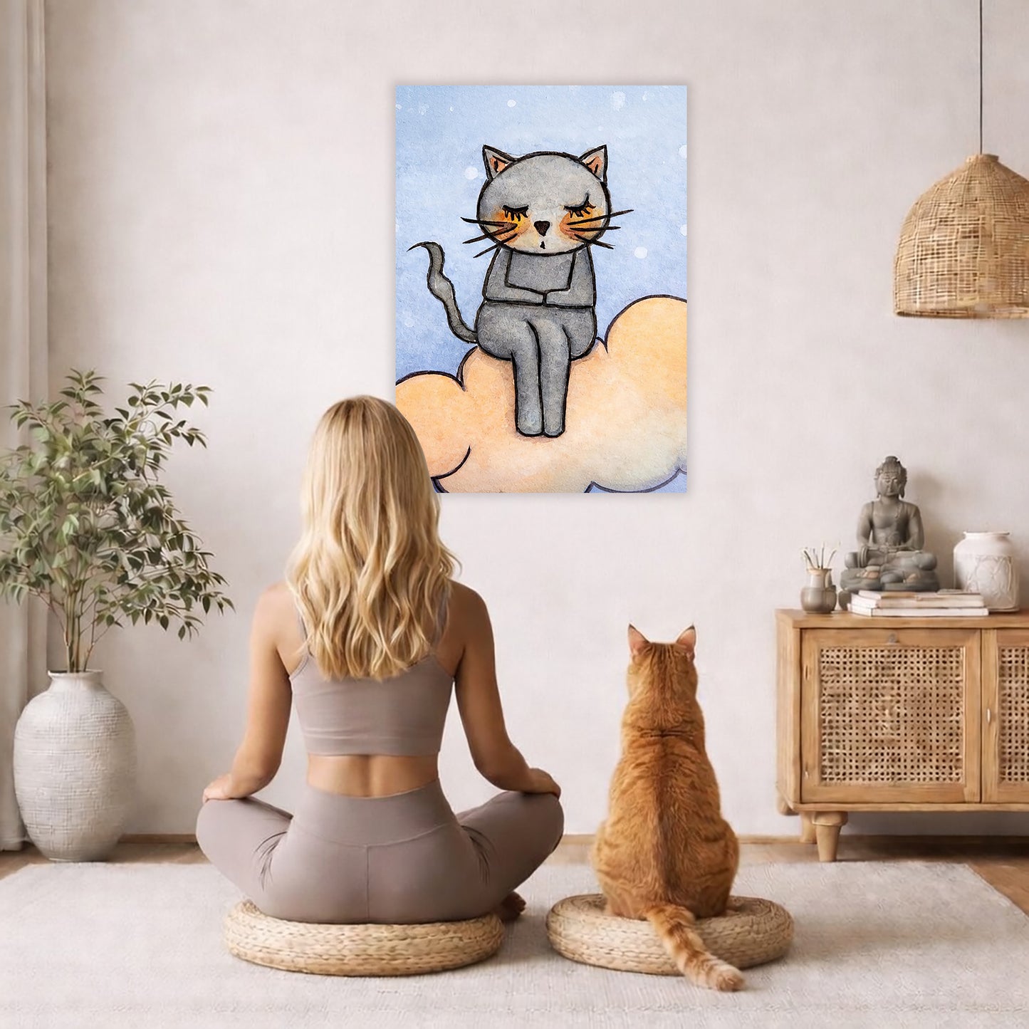 Gray cat meditating on a glowing orange cloud in a calm, warm-toned scene.  A cat and woman are sitting on a wicker pillow meditating facing the poster. There is a floor plant on in the left corner. On the right side is a cabinet with a Buddha statue on top, burning incense and a few books.