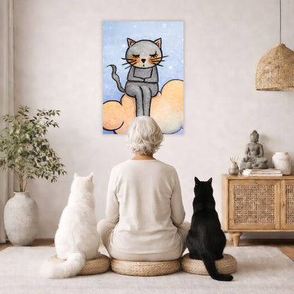 Gray cat meditating on a glowing orange cloud in a calm, warm-toned scene. Two cats and woman are sitting on a wicker pillow meditating facing the poster. There is a floor plant on in the left corner. On the right side is a cabinet with a Buddha statue on top, burning incense and a few books.