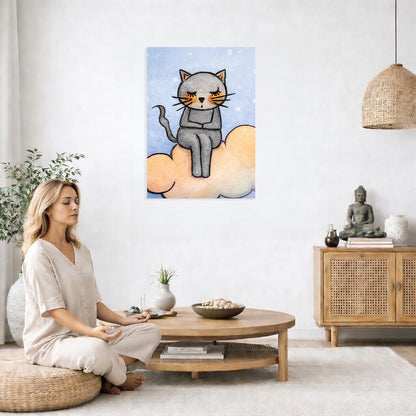 Gray cat meditating on a pink cloud canvas poster. This is a print of the original hand-painted watercolor by Brazilian artist Thaís Suizo for the LET'S MEDITATE SERIES of mediation guides.  The poster is in the center of the living room wall. A woman is on a chair on the left side of his living room meditating. There is a green potted plant behind her. On the right side is a cabinet with a Buddha statue on it.
