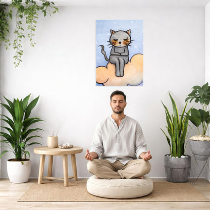 Meditating Cat on Orange Cloud Canvas – Zen Feline Art – Energy Decor