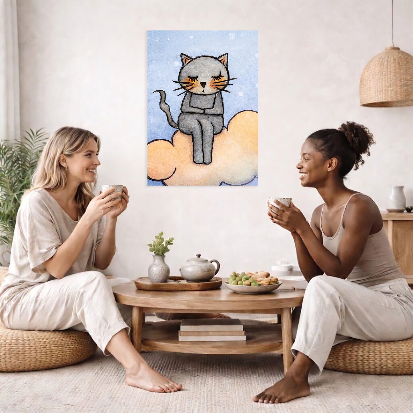 Meditating Cat on Orange Cloud Canvas – Zen Feline Art – Energy Decor
