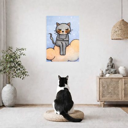 Meditating Cat on Orange Cloud Canvas – Zen Feline Art – Energy Decor
