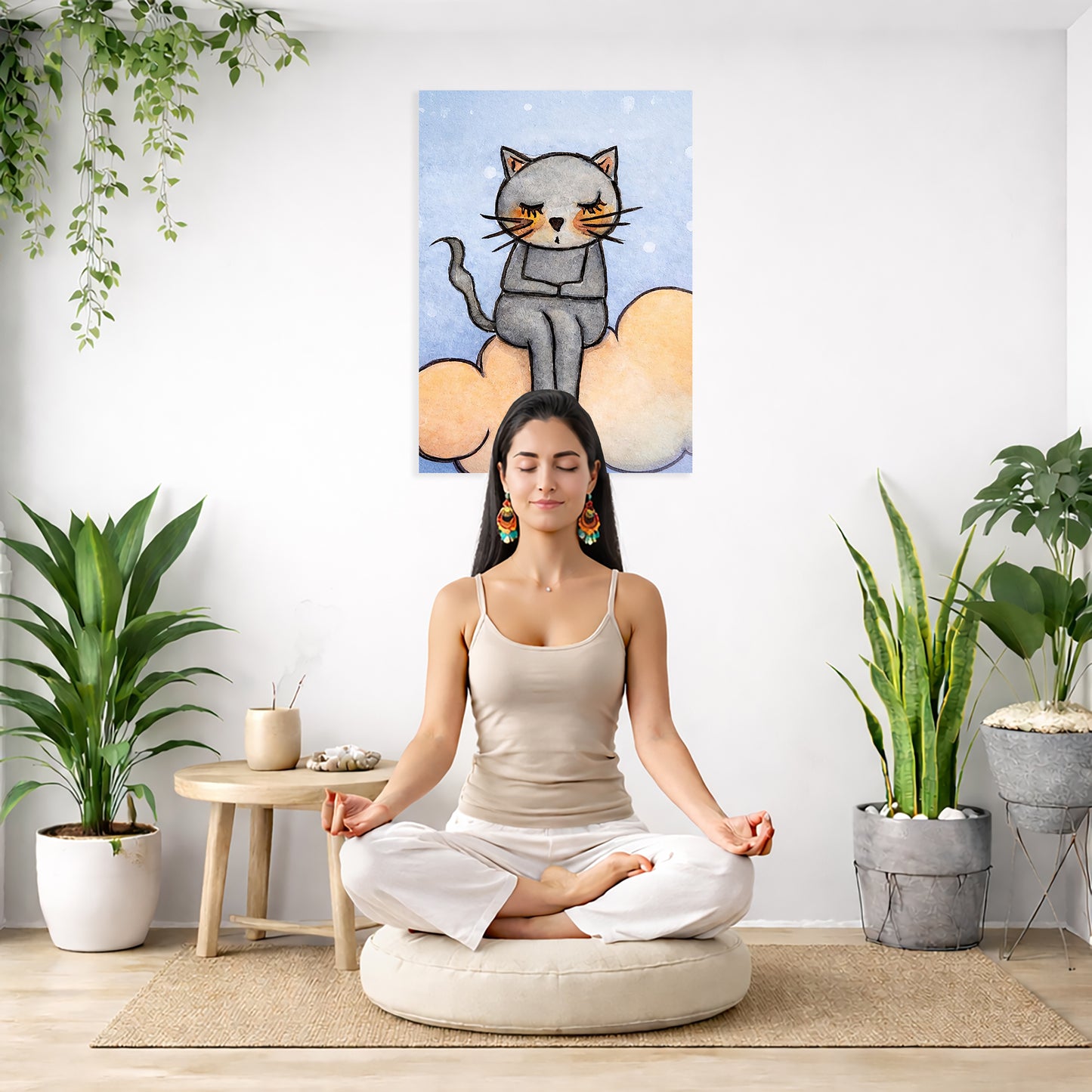 Meditating Cat on Orange Cloud Canvas – Zen Feline Art – Energy Decor