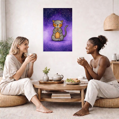 Meditating Cat Under the Stars Canvas – Mindful Feline Art Print – Meditation Wall Hanging
