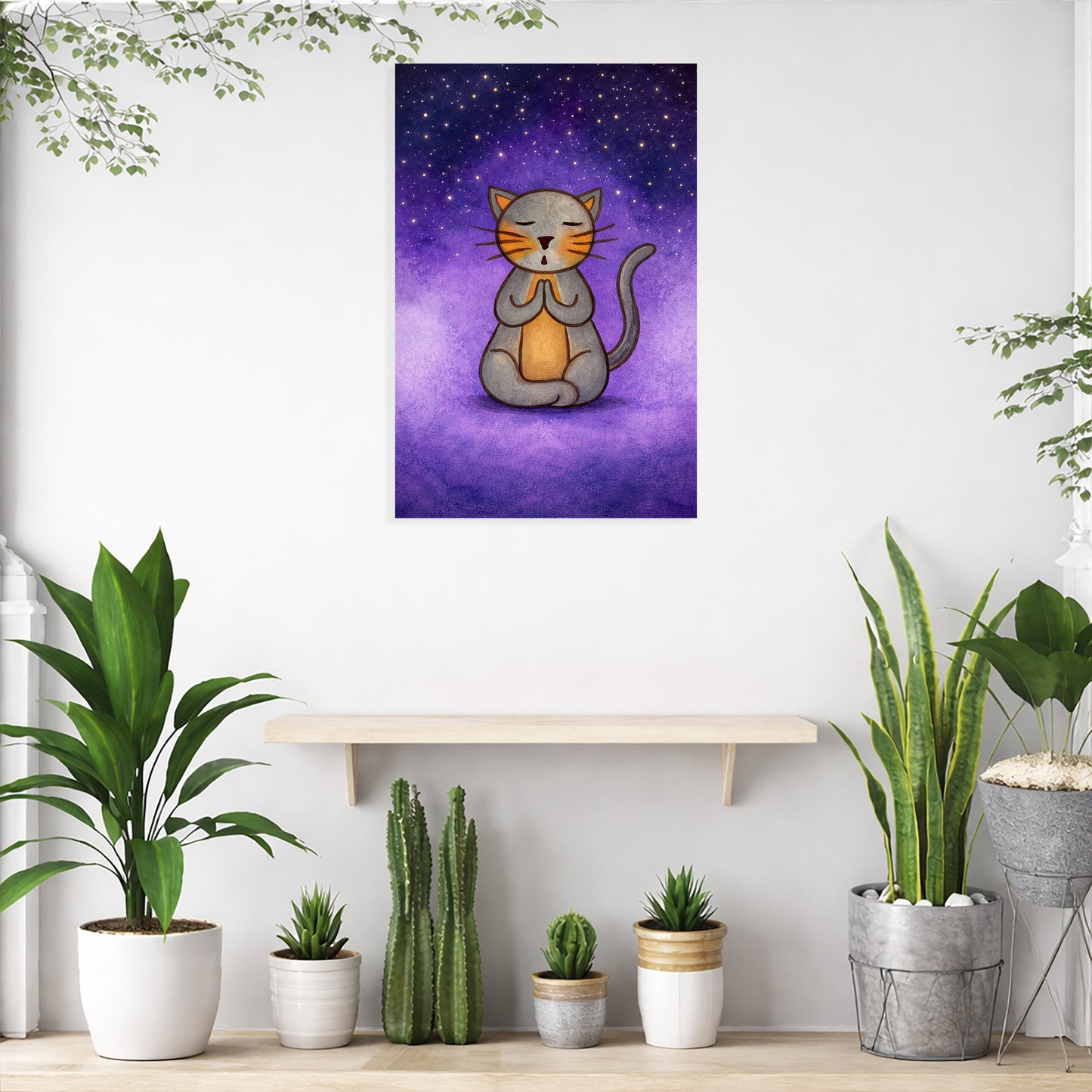 Meditating Cat Under the Stars Canvas – Mindful Feline Art Print – Meditation Wall Hanging