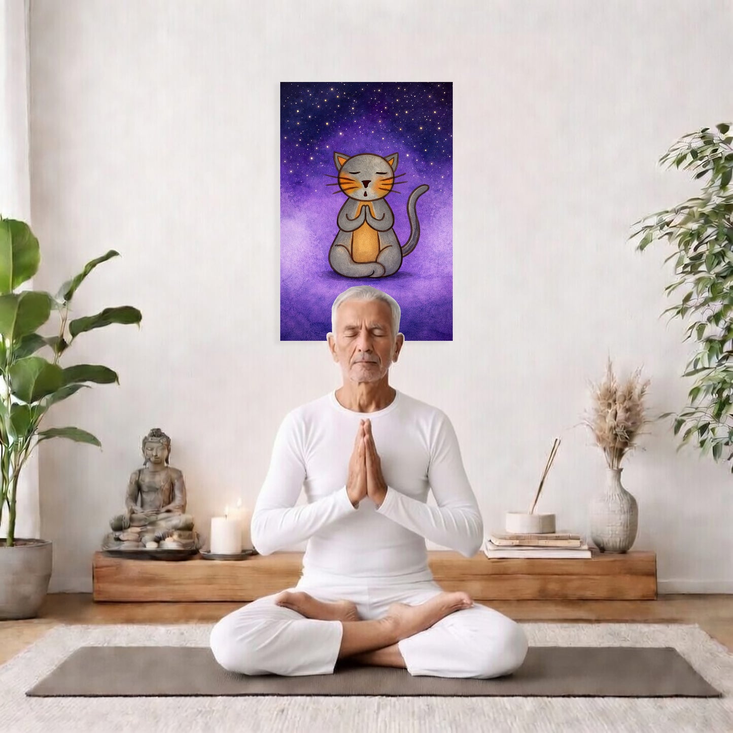 Meditating Cat Under the Stars Canvas – Mindful Feline Art Print – Meditation Wall Hanging