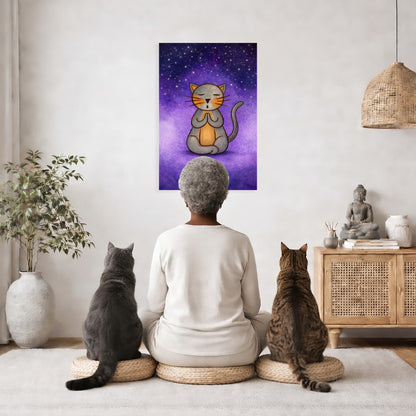 Meditating Cat Under the Stars Canvas – Mindful Feline Art Print – Meditation Wall Hanging