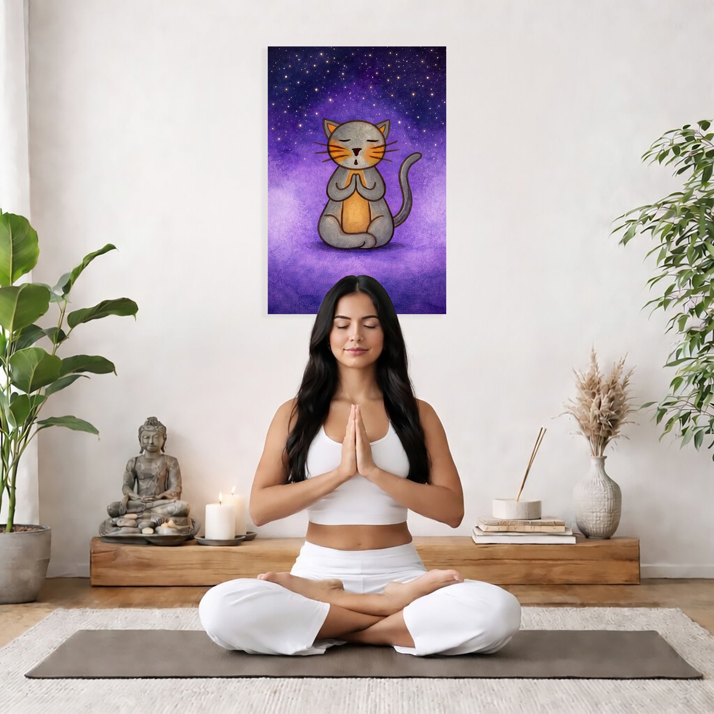 Meditating Cat Under the Stars Canvas – Mindful Feline Art Print – Meditation Wall Hanging