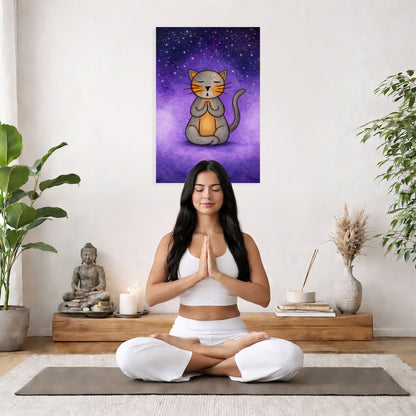 Meditating Cat Under the Stars Canvas – Mindful Feline Art Print – Meditation Wall Hanging