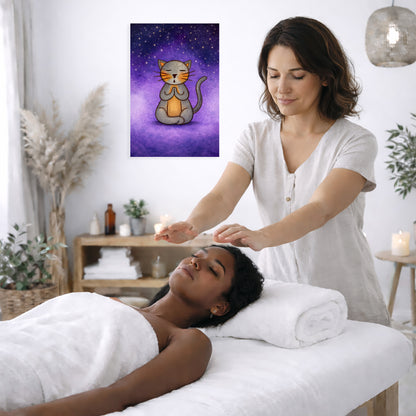 Meditating Cat Under the Stars Canvas – Mindful Feline Art Print – Meditation Wall Hanging