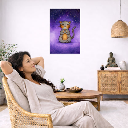 Meditating Cat Under the Stars Canvas – Mindful Feline Art Print – Meditation Wall Hanging