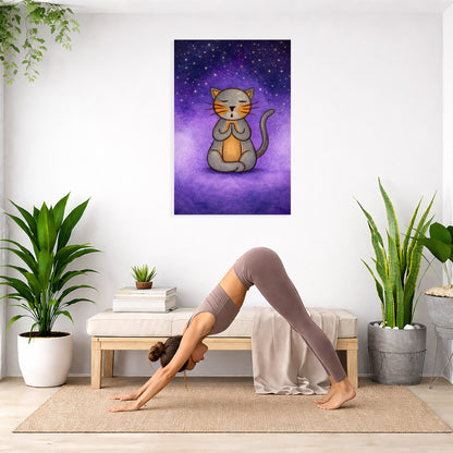 Gray cat is chanting under the night sky.
This is a print of the original hand-painted watercolor by Brazilian artist Thaís Suizo for the LET'S MEDITATE SERIES of mediation guides. The poster is in the center of the living room wall. Below the poster a woman is doing the yoga posture downward facing dog on a yoga mat.