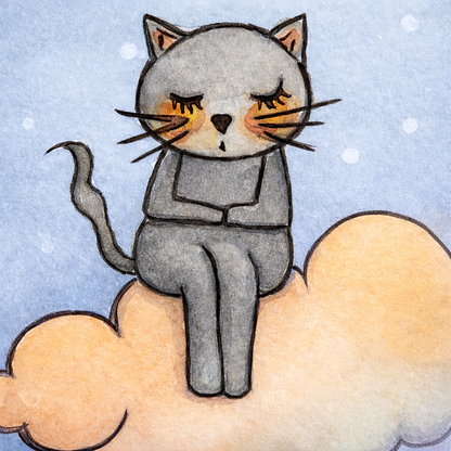 Gray cat meditating on a pink cloud canvas poster. This is a print of the original hand-painted watercolor by Brazilian artist Thaís Suizo for the LET'S MEDITATE SERIES of mediation guides.