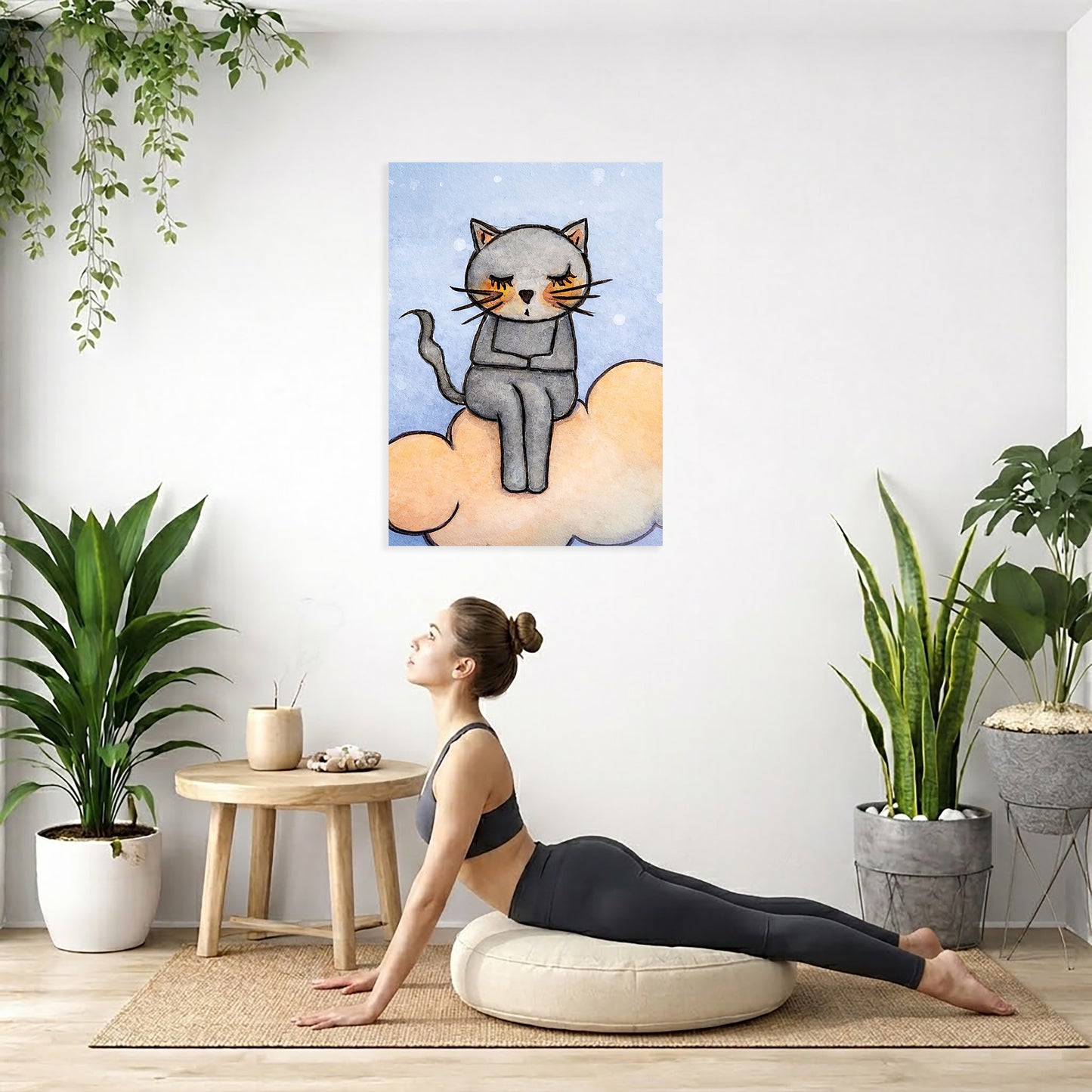 Meditating Cat on Orange Cloud Canvas – Zen Feline Art – Energy Decor