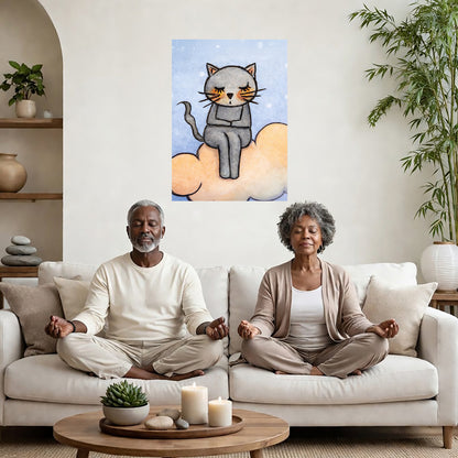 Gray cat meditating on a glowing orange cloud in a calm, warm-toned scene.  A couple is meditating on their couch. The poster is on a wall behind them. There is a coffee table in front with candles burning and a potted plant. There is a potted plant to the right and shelves on the left.
