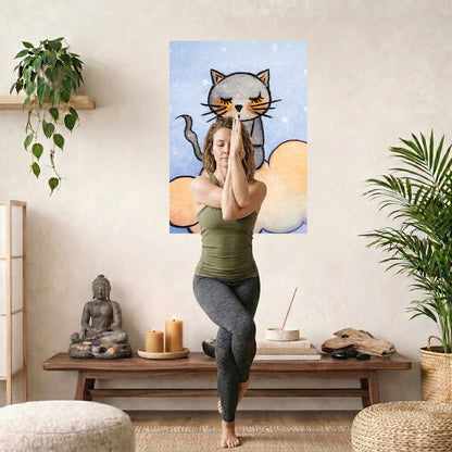 Gray cat meditating on a glowing orange cloud in a calm, warm-toned scene. A woman is doing the yoga Eagle Pose in front of the poster. There is a coffee table behind her with a Buddha statue, incense and candles. A green potted plant is on each side of the image.