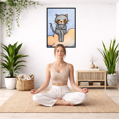 A gray cat meditating on an orange cloud framed poster. This is a print of the original hand-painted watercolor by Brazilian artist Thaís Suizo. The poster is in the center of the living room wall. There is a woman meditating facing away from the wall. Behind her is a coffee table with incense and a Buddha statue. There are potted plants on the right and left side of the background.
