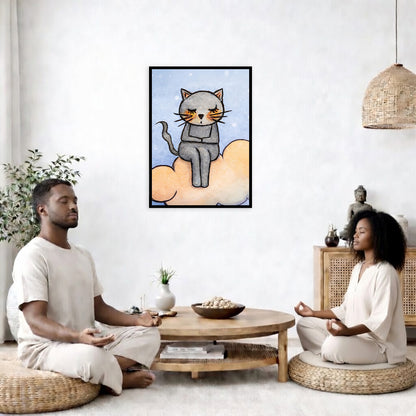 A gray cat meditating on an orange cloud framed poster. This is a print of the original hand-painted watercolor by Brazilian artist Thaís Suizo. The poster is in the center of the living room wall. Two friends are sitting on wicker pillows meditating. Between them is a small round coffee table with incense, a green potted plant and a bowl of shells. There is a potted plant to the left and a Buddha statue and a vase to the right. 