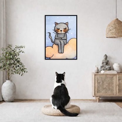 A gray cat meditating on an orange cloud framed poster. This is a print of the original hand-painted watercolor by Brazilian artist Thaís Suizo.  The poster is in the center of the living room wall. A black and white cat is staring at the poster. There is a potted plant on the left side and a cabinet with a Buddha statue on it on the right side. 
