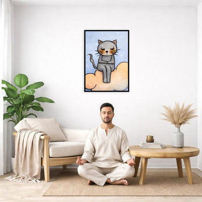 A gray cat meditating on an orange cloud framed poster. This is a print of the original hand-painted watercolor by Brazilian artist Thaís Suizo. The poster is in the center of the living room wall. There is a man meditating facing away from the wall. Behind him is a coffee table with incense and a Buddha statue. There are potted plants on the right and left side of the background.
